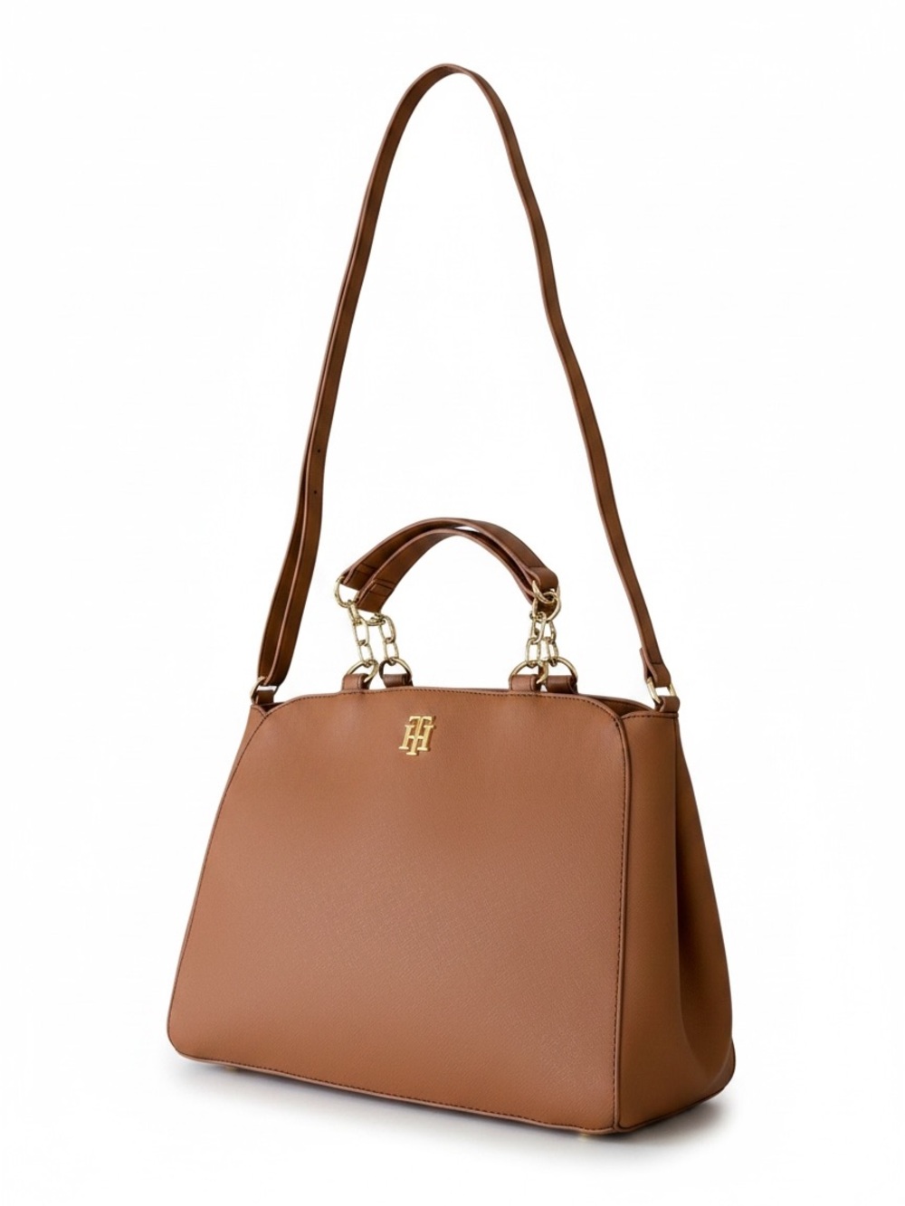Tommy Hilfiger Cognac Faux Leather Satchel with Gold Hardware
